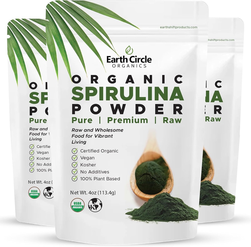 Earth Circle Organics Spirulina Powder, Kosher, Raw and Non-Irradiated | Pure Vegan Protein | Premium Superfood, High in Aminosäuren und Antioxidantien - 4 Unze (3 Packungen)