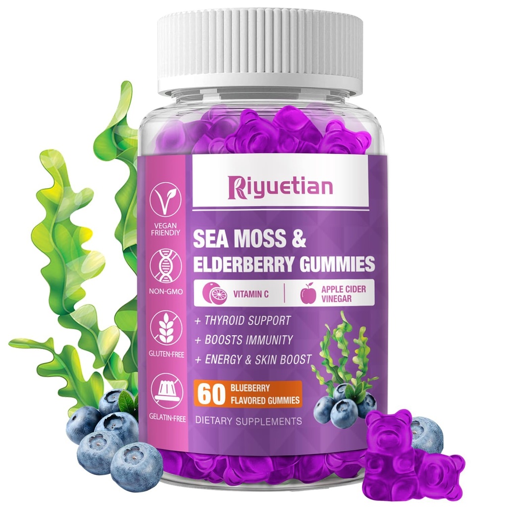 Sea Moss Gummi & Elderberry - Vitamin C + Zink – Stärke Immun & Schilddrüse Unterstützung Booster Gummy Bären für Kinder & Erwachsene - 60 natürliche Seamoss Gummi