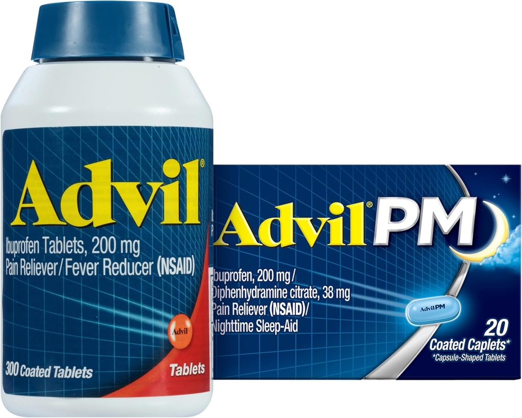 Advil Pain Reliever und Fever Reducer, Ibuprofen 200mg für Schmerzlinderung - 300 Count, Advil PM Schmerzlinderung und Nacht Schlafhilfe, Ibuprofen für Schmerzlinderung und Diphenhydramin Citrate - 20 Count
