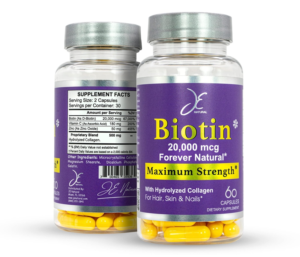 JE natürliche Biotin Haar Haut und Nägel Vitamine, Vitamin C, Biotin und Collagen Ergänzungen, die Haar wachsen schneller und länger, für alle Altersgruppen, 60 Kapseln von Biotin 20000mcg maximale Stärke.