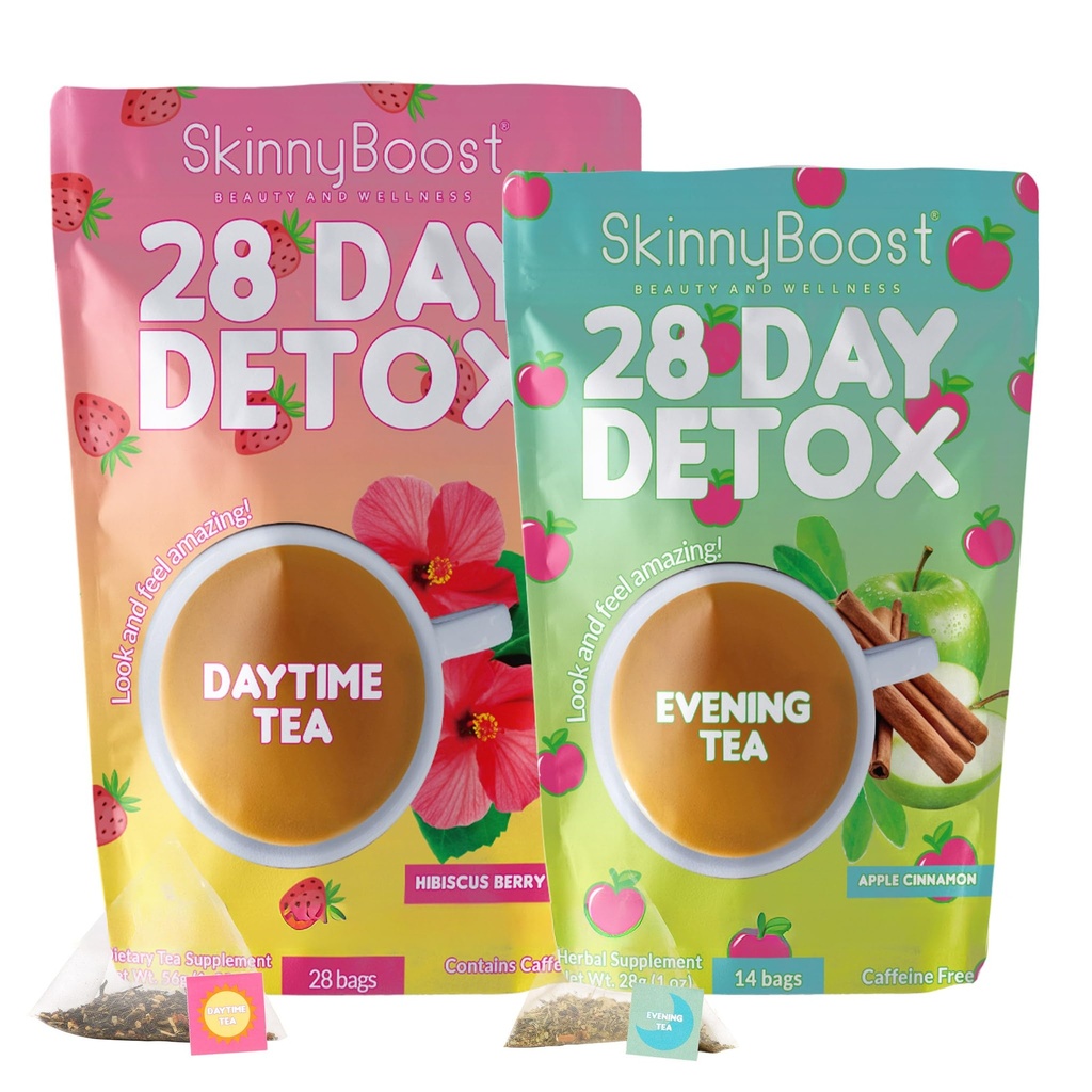 SkinnyBoost 28 Day Detox Tea Kit-1 Daytime Hibiscus (28 Taschen) 1 Abend Apple Cinnamon(14 Taschen) Non GMO, Vegan, Alle natürlichen, grünen Tee und Kräutertees für natürliche Detox und Sauberkeit, reduzieren Bloating