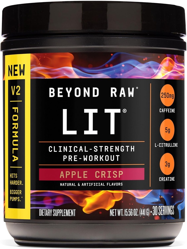 BEYOND RAW LIT V2 Klinische Stärke Pre Workout Powder, Hits Harder, Größere Pumpen, Koffein, L-Citrulline, Kreatin, Apple Crisp, 30 Portionen