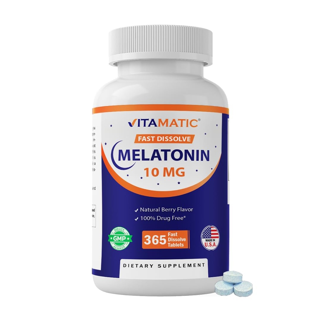 Vitamatic Melatonin 10 mg Fast Dissolve Tablets – Schnellauflösende Schlafunterstützung für Erwachsene – Vegetarisch, Non-GMO & Glutenfrei – Natürliche Berry Flavor – 365 Tablets
