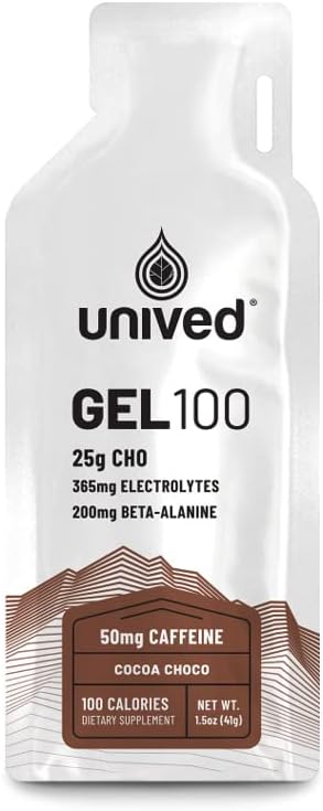 Unived Gel 100 - Vegan Energy Gel für Ausdauersportler Läufer & Radfahrer - 100kcal - Cocoa Choco - 50mg Koffein - Paket von 6