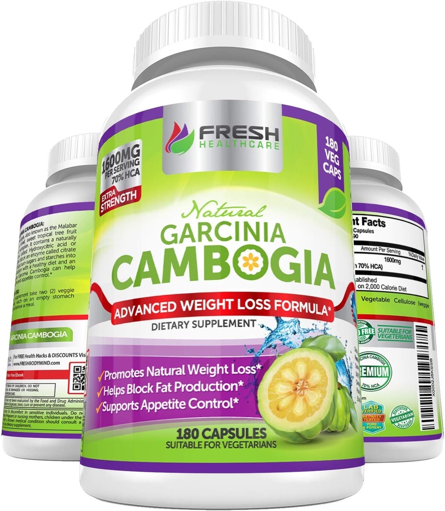 FRESH HEALTHCARE 100% reine Garcinia Cambogia Extrakt - Alle natürlichen Appetit Suppressant & Gewicht Management Unterstützung - 180 Kapseln