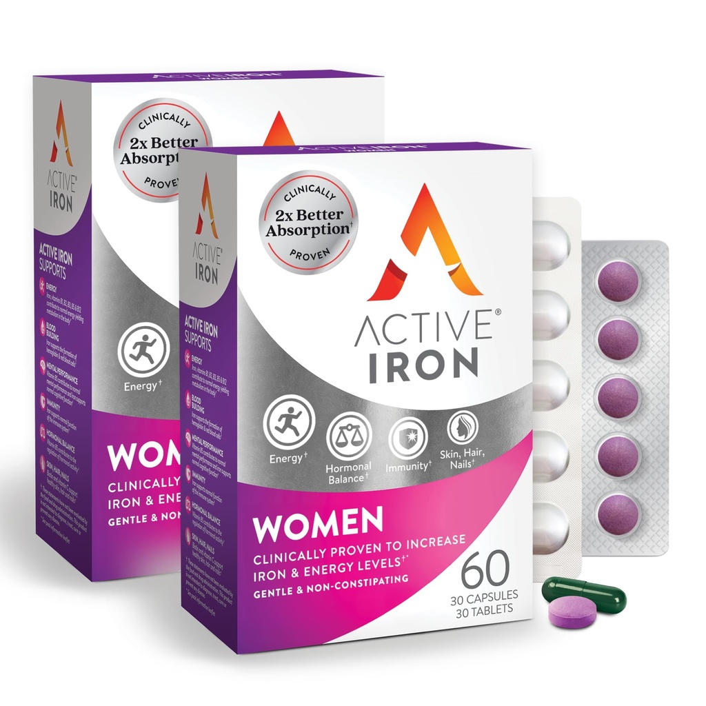 Active Iron Supplement 25mg + Multivitamin für Frauen – Klinisch bewährt, um Energie zu erhöhen und Reifen zu reduzieren – Gentle, Non-Constipating Iron + Women’s Multivitamin – 60 Kapseln + 60 Tabletten
