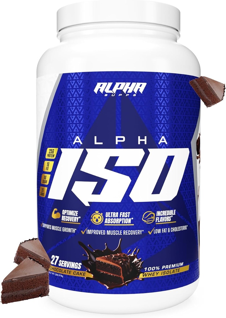Alpha Supps ISO, Low Carb 100% Whey Protein Isolate Powder, 25 Gramm pro Servierung, hilft Muskelwachstum, Low Sugar und Gluten frei (Chocolate Cake, 2 lb)