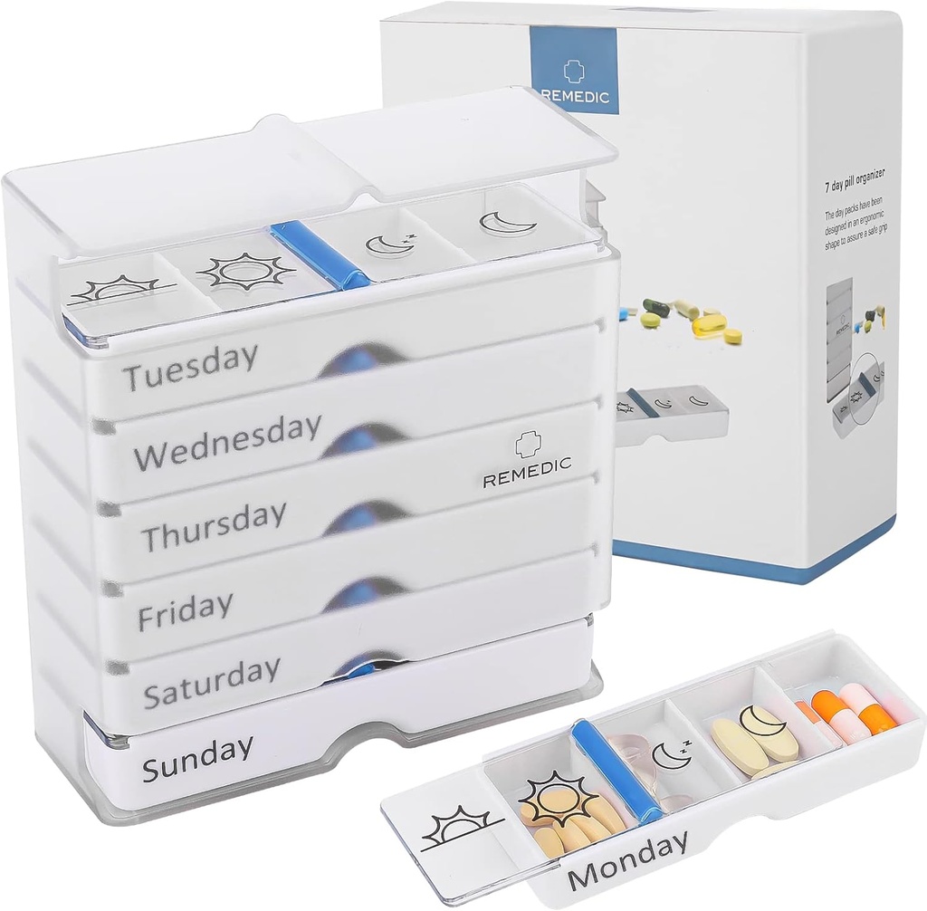 Weekly Pill Organizer 7 Day AM/PM – 4 Compartments per Day, Arthritis Friendly Pill Case with Better Grip Design, Medicine Planner for Vitamins, Supplements, and Medications – Easy to Use Pillbox