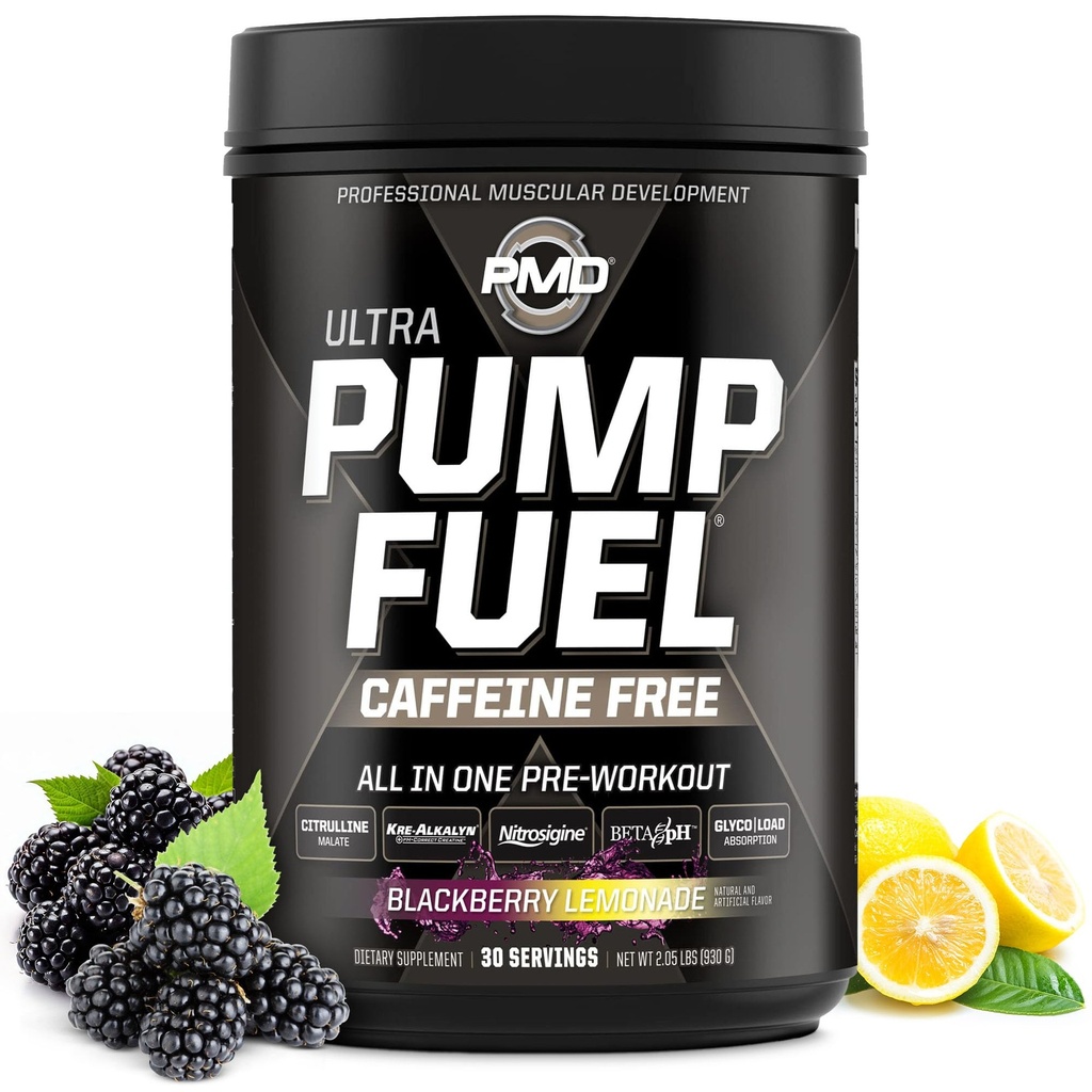 PMD Sportpumpe Fuel Ultra Caffeine Free - Premium Pre Workout Powder & Muskelpumpe, Großer Fokus, Endurance & Recovery, Premium Creatine, Arginine & Beta Alanine - BlackBerry Lemonade (30 Servings)