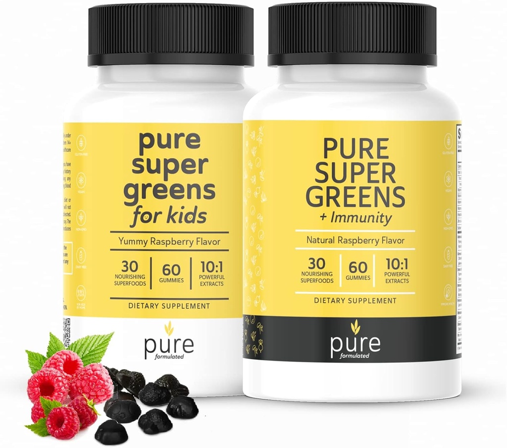 Super Greens Multivitamin Gummis für Kinder und Erwachsene - Immununterstützung und Verdauungsergänzungsmittel - Vitamin A, B, C, E, K - Vegan Chewables mit 30 Superfoods (2 Flaschen, je 60 Zähler)