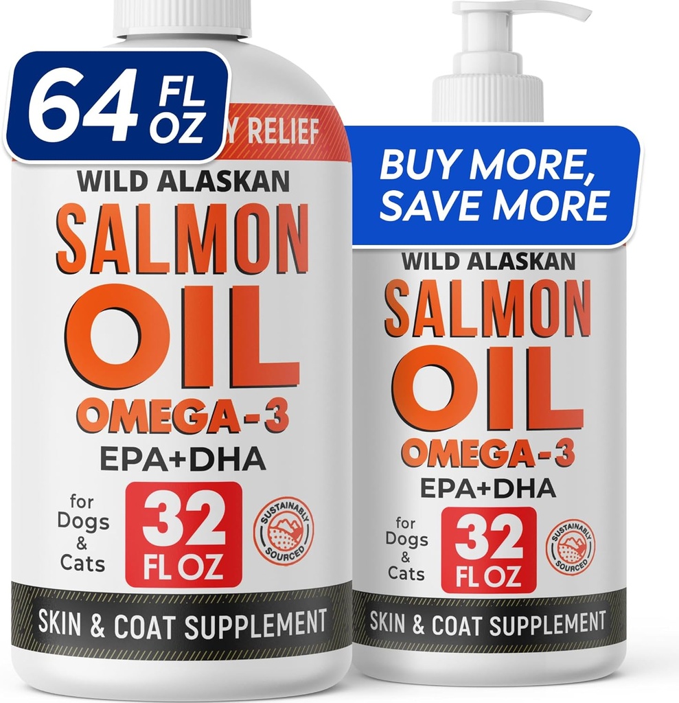 StrellaLab 64 OZ Lachsöl für Hunde - Omega 3 für Hunde & Katzen, Itch & Allergy Relief, Wild Alaskan Lachsöl Hunde Haut & Coat, Hunde Fischöl Flüssigkeit, Shedding Supplement EPA & DHA Fettsäuren - 2Packs