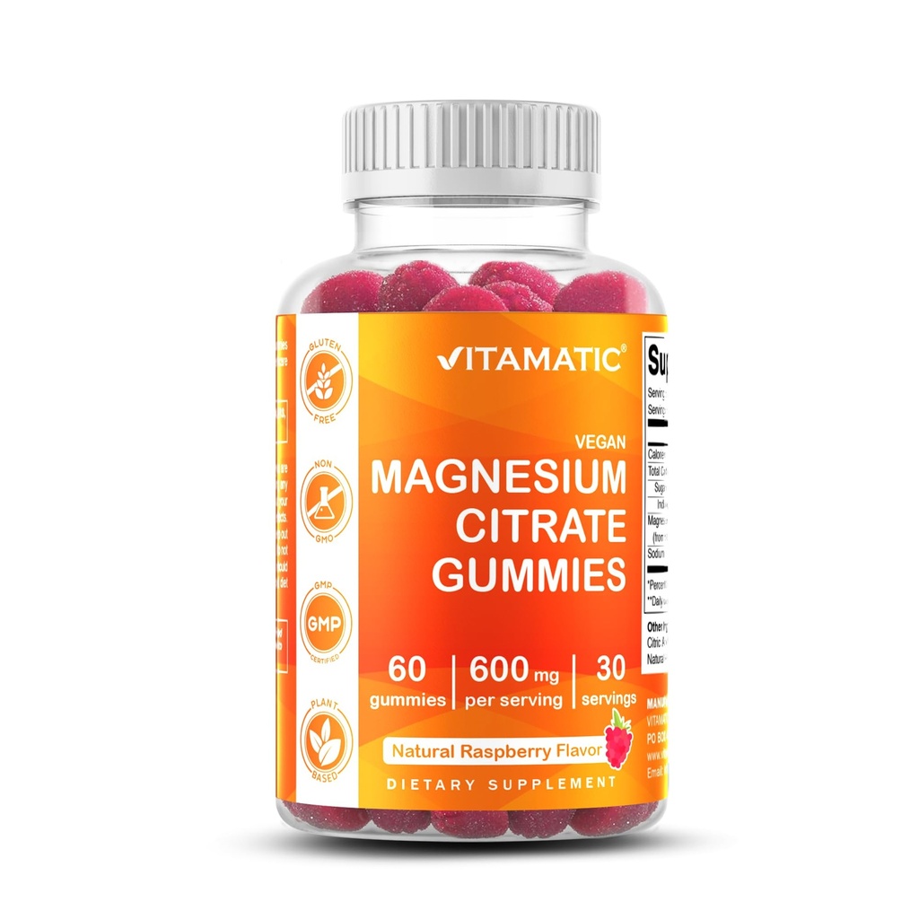 Vitamatic Magnesium Gummies 600mg pro Servierung – 60 Veganzähler für Entspannung, Muskel, Knochen und Energieunterstützung