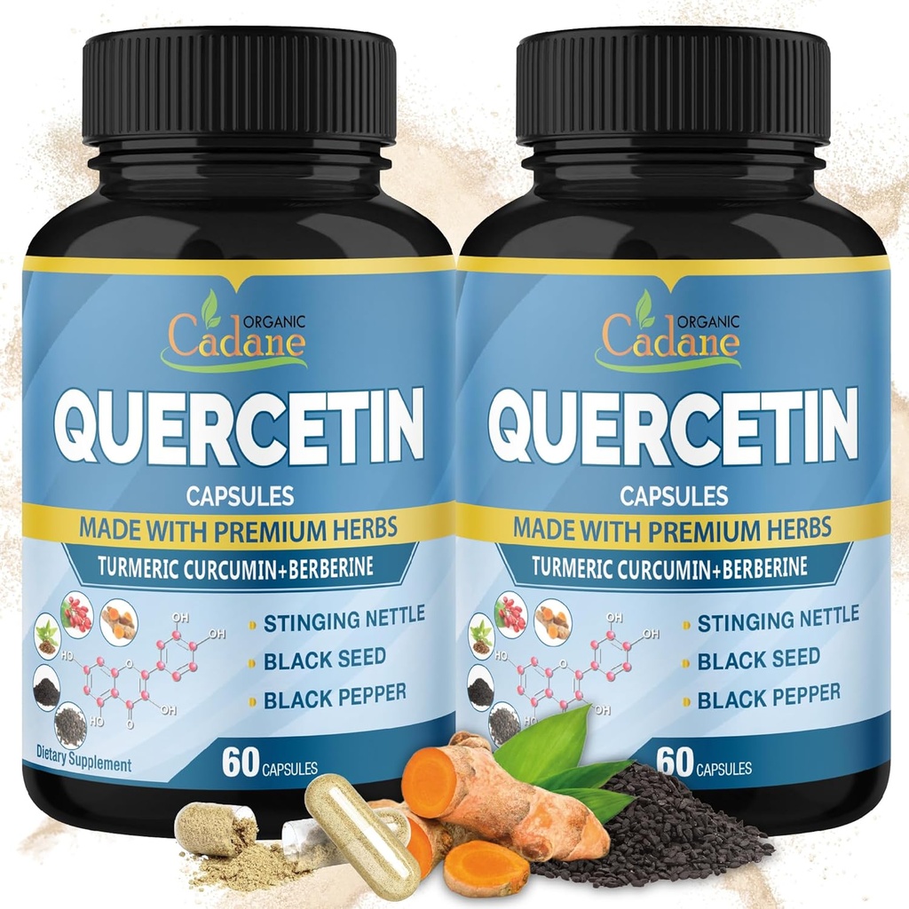 Organic Cadane 2 Packs Quercetin Ergänzungen Kapseln, 4 Monate Versorgung mit Kurkuma, Berberine, Nettle, Black Seed, Black Pepper - Unterstützt Herz-Kreislauf-Gesundheit, Immunsystem