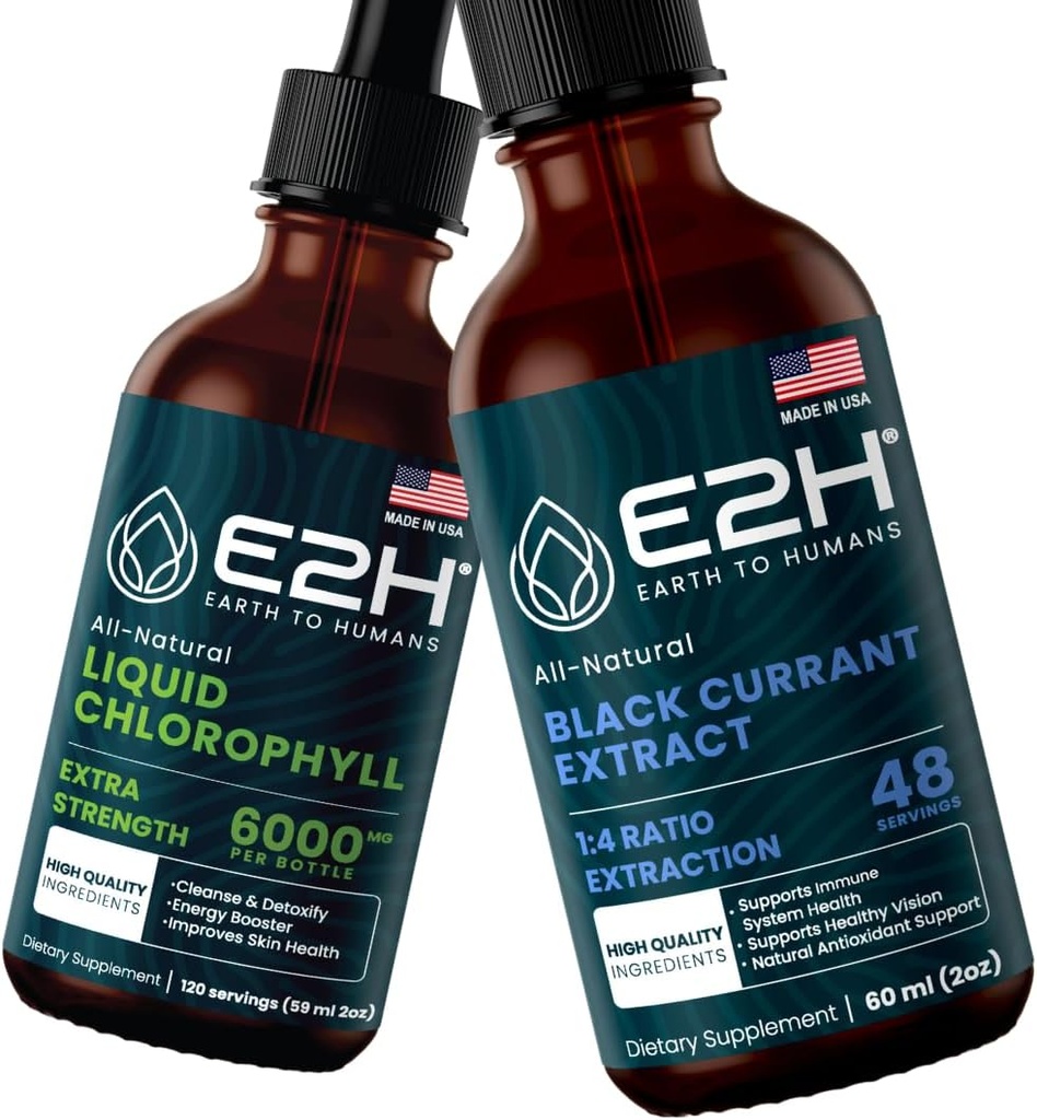E2H: Flüssiger Chlorophyll und natürlicher schwarzer Johannisbeerenextrakt | Vegan, Non-GMO - 2 Fl Oz Jeder (4 Fl Oz Gesamt) - Bundle