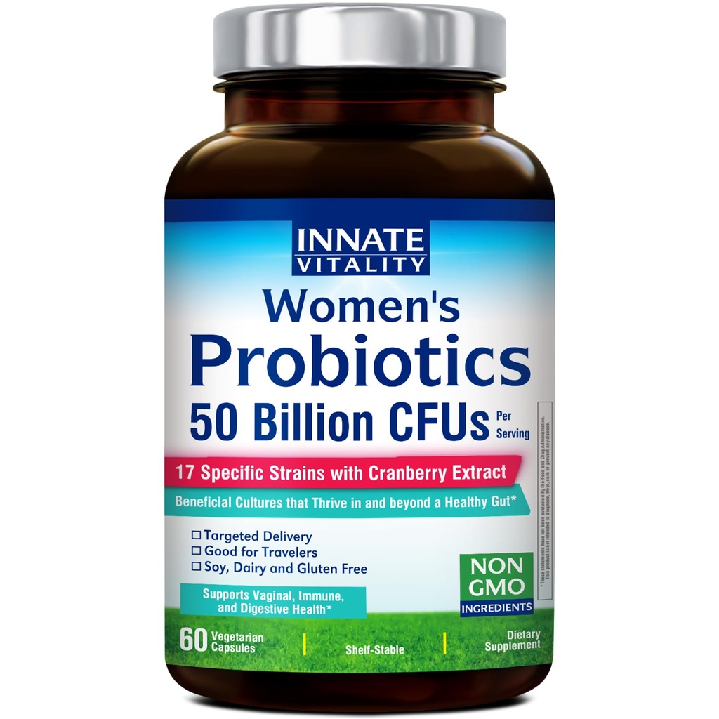 Innate Vitality Probiotics for Women, 50 Billion CFUs, 17 Proven Strains, 60 Veggie Caps, mit Präbiotika und Cranberry Extract, Non-GMO, unterstützt Vaginal, Verdauungs- und Immungesundheit