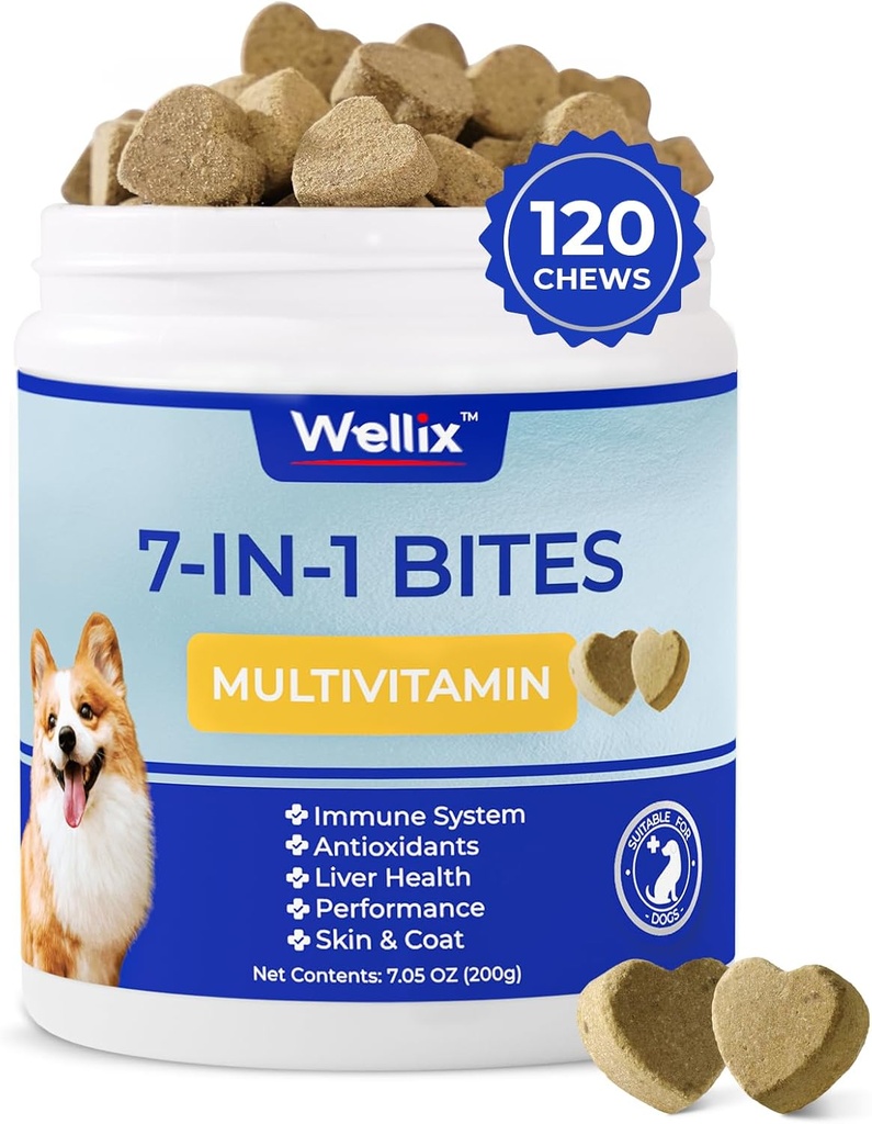 Wellix Hunde-Vitamine und Ergänzungen - Multivitamin Chewable Treats for Dogs, Skin & Coat, Mobility Support, Hip & Joint Supplement, Immunsystem & Overall Health(120 Chews)