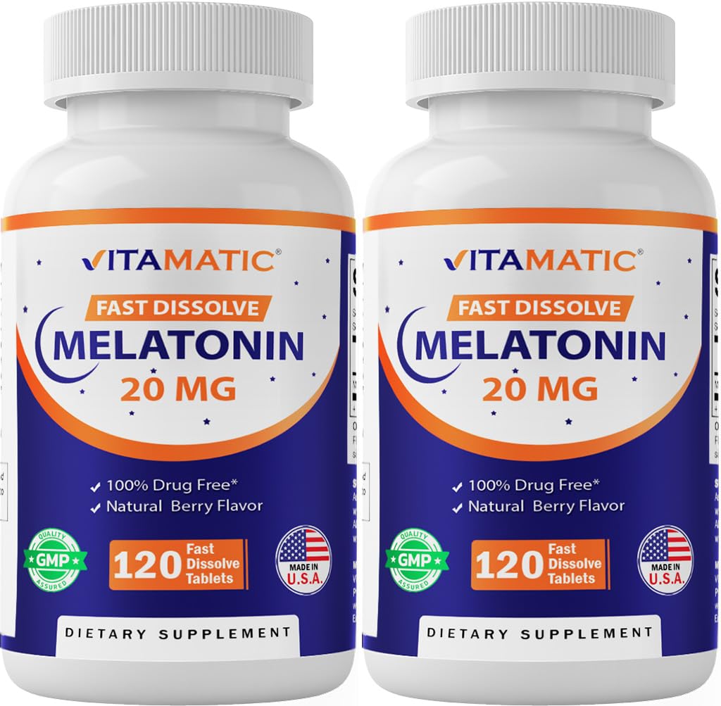 Vitamatic Melatonin 20mg für Schlafunterstützung | Vegetarisch, nicht-GVO, glutenfrei | HIGH Potenz 20 MG | Natural Berry Flavor 120 Fast Dissolve Tabletten - 2 Packung - 240 Count