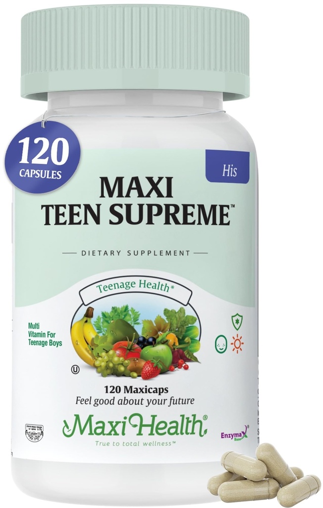 Maxi Health Multivitamin für ihn – Jungen Vitamine für Alter 12–17 Teen Supreme – Männer Multivitamin für Energie, Immune Boost, Körper & Gehirn umfasst D3, Eisen, Calcium, Verdauungsenzyme (120 Zähler)