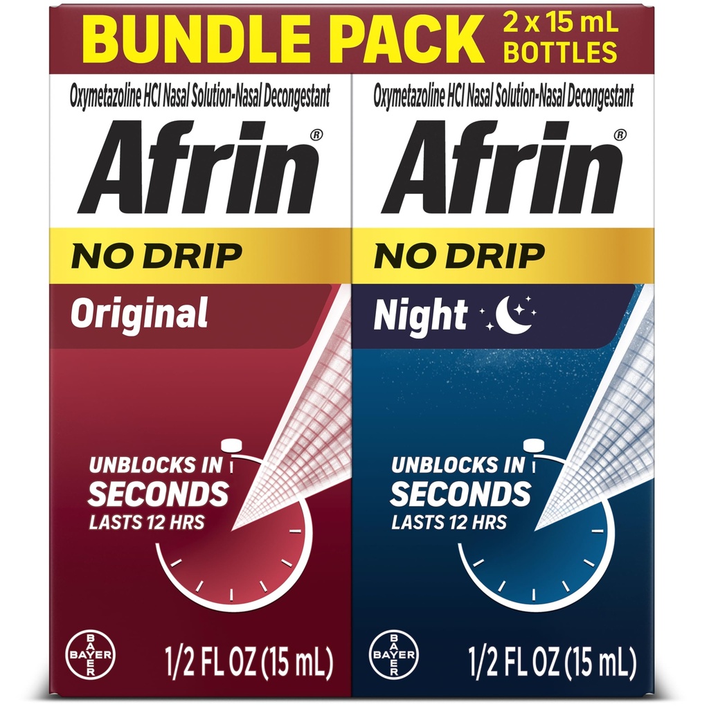 Afrin No Drip Original + Night Nasal Mist Bundle Pack, Nicht-Drowsy, Fast-Acting Decongestant für Nasal Congestion und Sinus Druck Relief, Erwachsene und Kinder 6 und älter, .5 fl oz (Pack von 2)