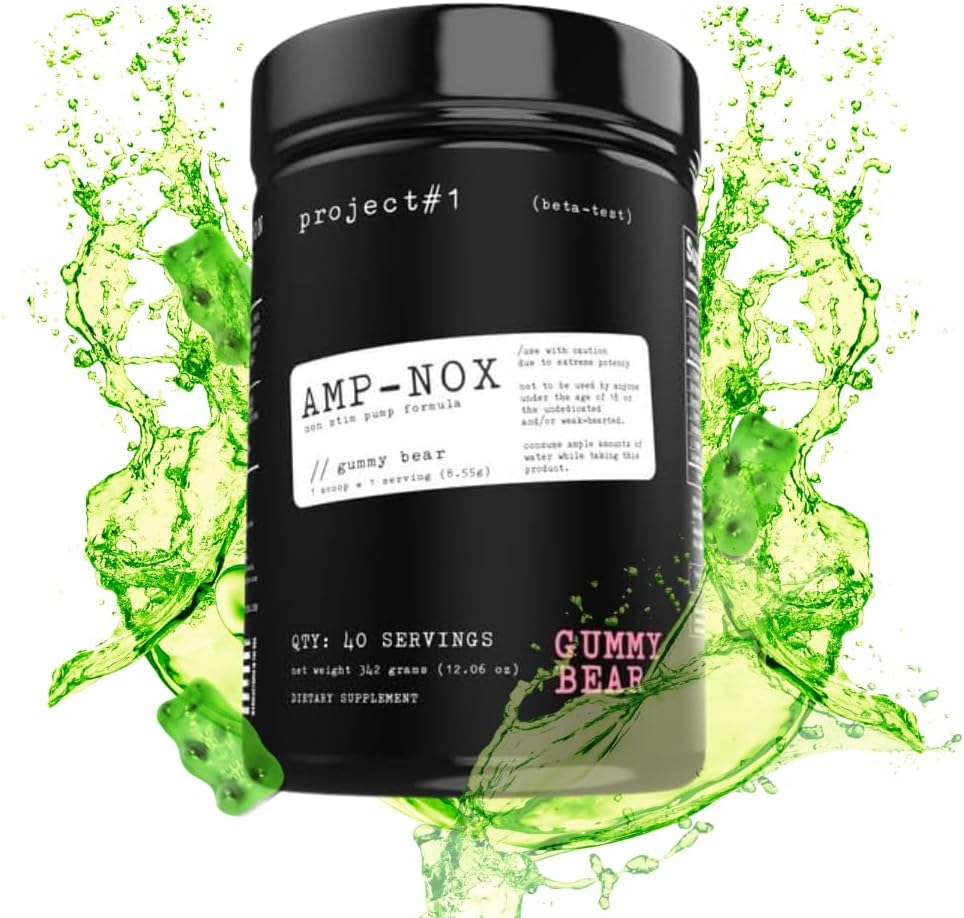 Projekt #1 AMP-NOX: Non-Stim Pre Workout Powder - Boost Focus, Pump, & Energy - Koffeinfreier Protein-Getränk mit Aminosäuren für Männer und Frauen - Gummy Bear Flavor - 40 Portionen