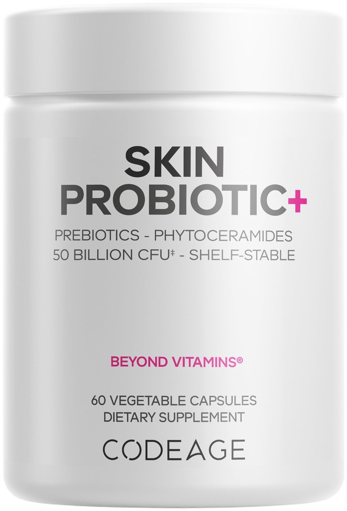 Codeage Skin Probiotics + Prebiotics - Hautpflege Routine Supplement - 50 Billion CFU - Ayurvedic Botanical Herbs - Face Probiotics - Regal Stable Cleanser, Non-GMO, Vegan - 60 Kapseln