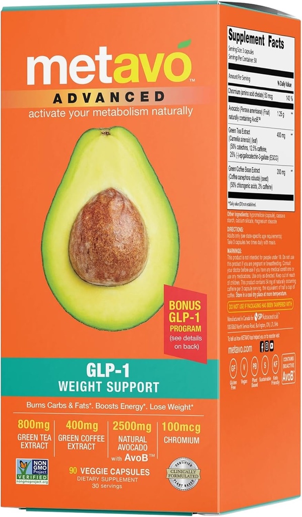 Metavo Advanced Weight Support – Natürliche Diät-Ergänzungen mit essentiellen Nährstoffen für die Förderung von Wellness, angereichert mit Avocados, Grüner Tee, Chrom & Grüner Kaffee, 90 einfache Diät-Pillen
