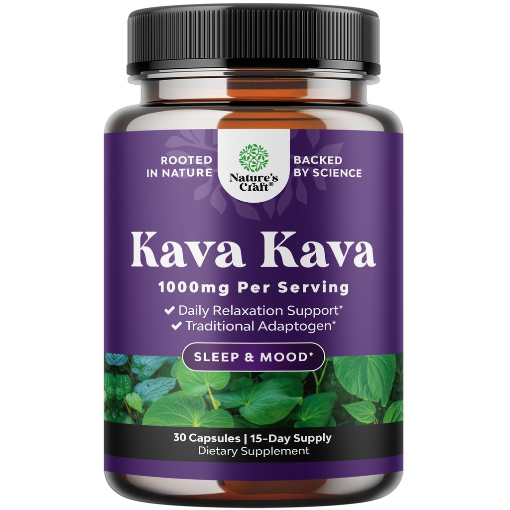 Kava Kava Root Extract Supplement 1000mg - Fast Acting Kräuter-Unterstützung mit Kavalactonen für Balanced Mood - Relax Calming Capsules for Stress Support & Better Sleep - 15 Portionen