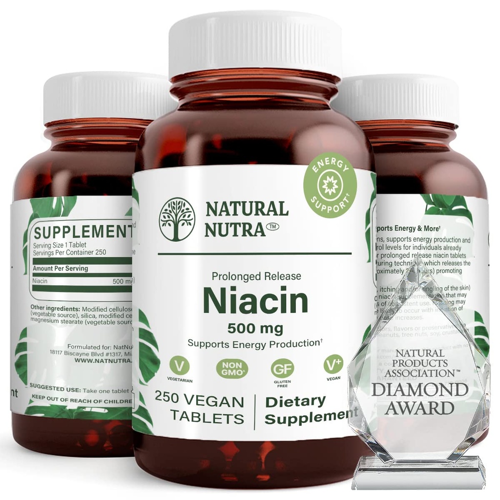 Natural Nutra Time-Release Slow Niacin 500mg (Vitamin B3), Unterstützt gesunde Cholesterin, fördert Herz-Kreislauf-Gesundheit, fördert Hautzellen und Verbesserung der kognitiven Funktion, 250 Vegan Tabletten