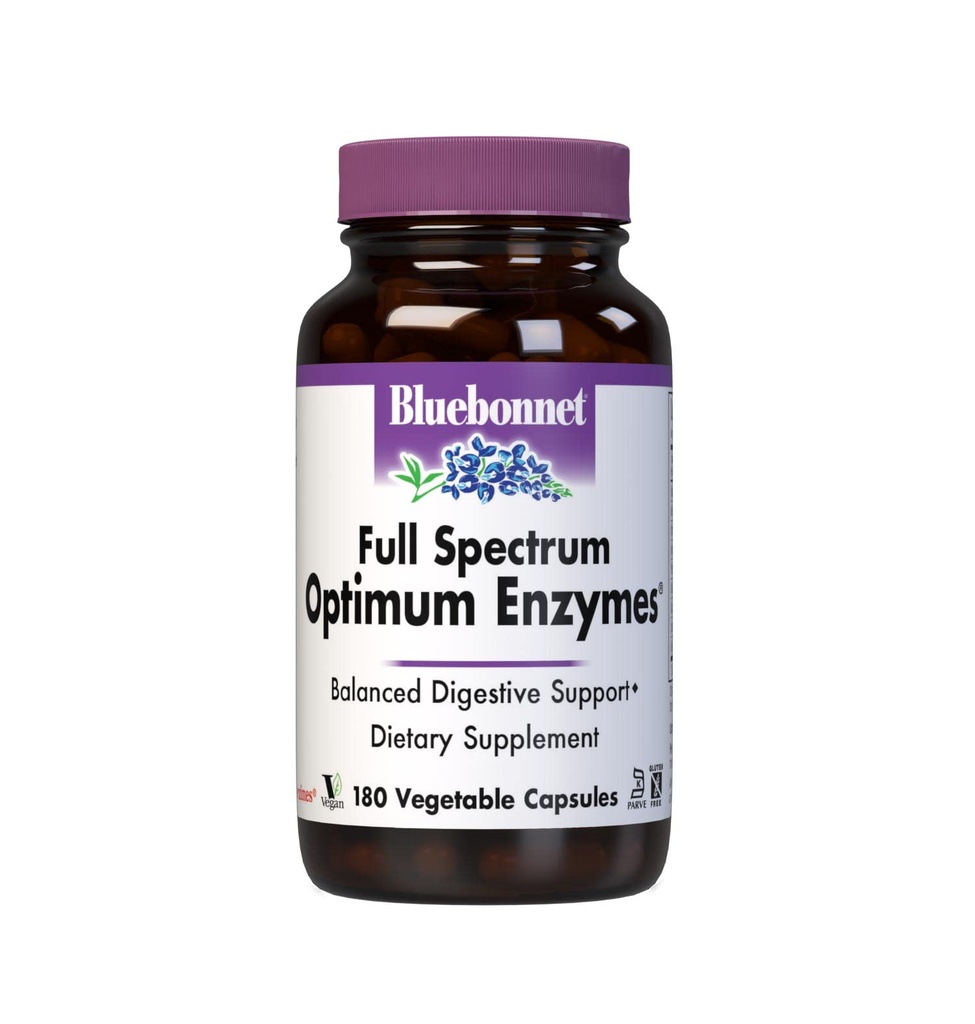 BlueBonnet Full Spectrum Optimum Digestive Enzymes - 9 Plant-Based Proteolytic Enzymes - Papaya, Bromelain, Amylase Gut Health for Women & Men - Vegan & Gluten-Free - 180 Vegetable Capsules