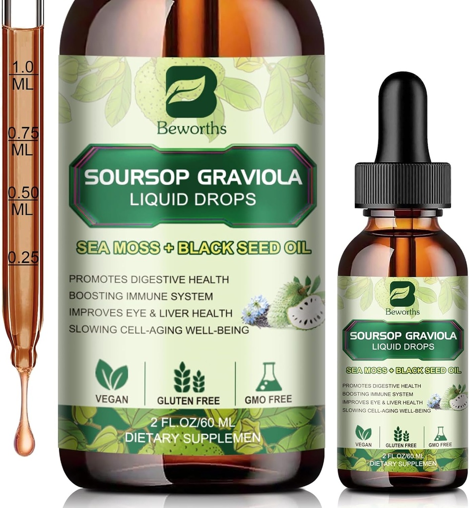 Soursop Bitters Liquid Drops, Soursop Graviola Blatt Extrakt Multivitamin Tropfen mit Sea Moss Black Seed Oil Supplement - Unterstützt Antioxidans, Slowing Cell-Aging, Gut Cleanse, Detox & Immunity Health