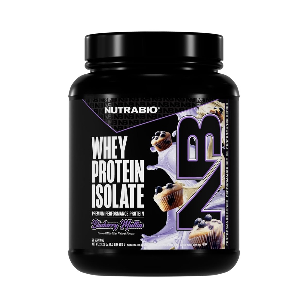 NutraBio 100% Whey Protein Isolate Protein Powder, 25g Protein mit vollständigem Aminosäureprofil, Non-GMO, Soy & Glutenfrei, Low Carb, Low Calorie Whey Protein Powder, Blueberry Muffin, 2 Lbs