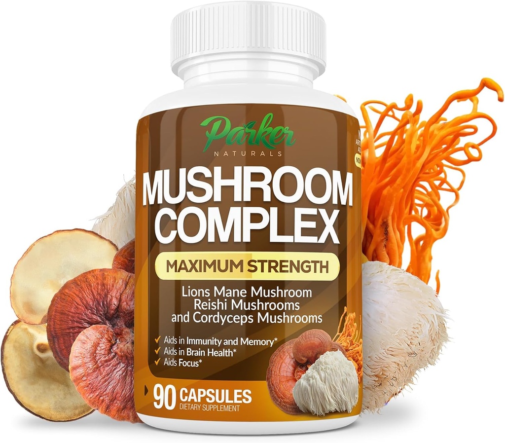 Parker Naturals Mushroom Complex Capsules, Premium Lions Mane, Cordyceps und Reishi Mushroom Supplement, Maximum Strength Organic Mushrooms Supplement, 90 Kapseln