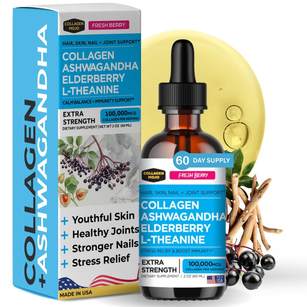 Collagen Mojo - Flüssiges Kollagen für Frauen & Männer, Collagen Peptide mit Ashwagandha, Elderberry & L-Theanine - Haar, Haut, Nägel, Gelenk & Stress-Unterstützung, hohe Absorption - 100.000mcg, 2 Oz