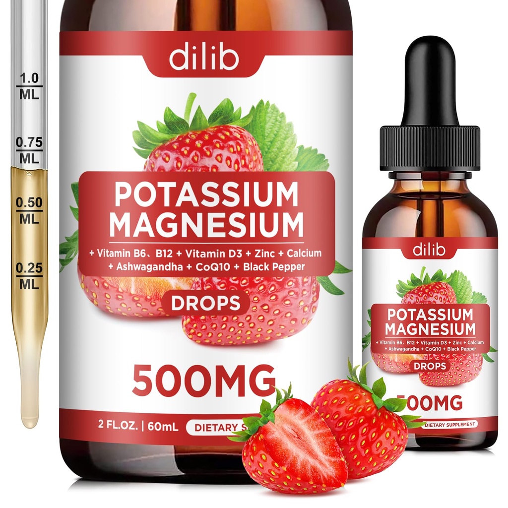 Kalium-Magnesium-Zitrat-Ergänzung, flüssiges Magnesium-Zitrat Tropfen 500mg mit Ashwagandha, Calcium, Zink, Vitamin D3, B6, B12, CoQ10 - Unterstützung Calm & Knochen & Muskel & Immune Gesundheit Vegan 2 fl oz