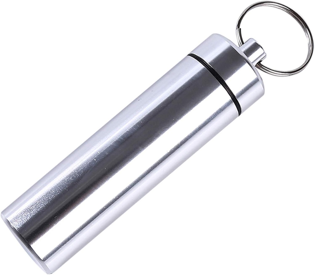 Silber Kleine Portable Pille Box Schlüsselanhänger, Aluminiumlegierung Mini Pill Organizer Case Container für Geldbörse,Wasserdichte Metall Pillenhalter Medizin Flasche für Outdoor Camping Reise Medikamente
