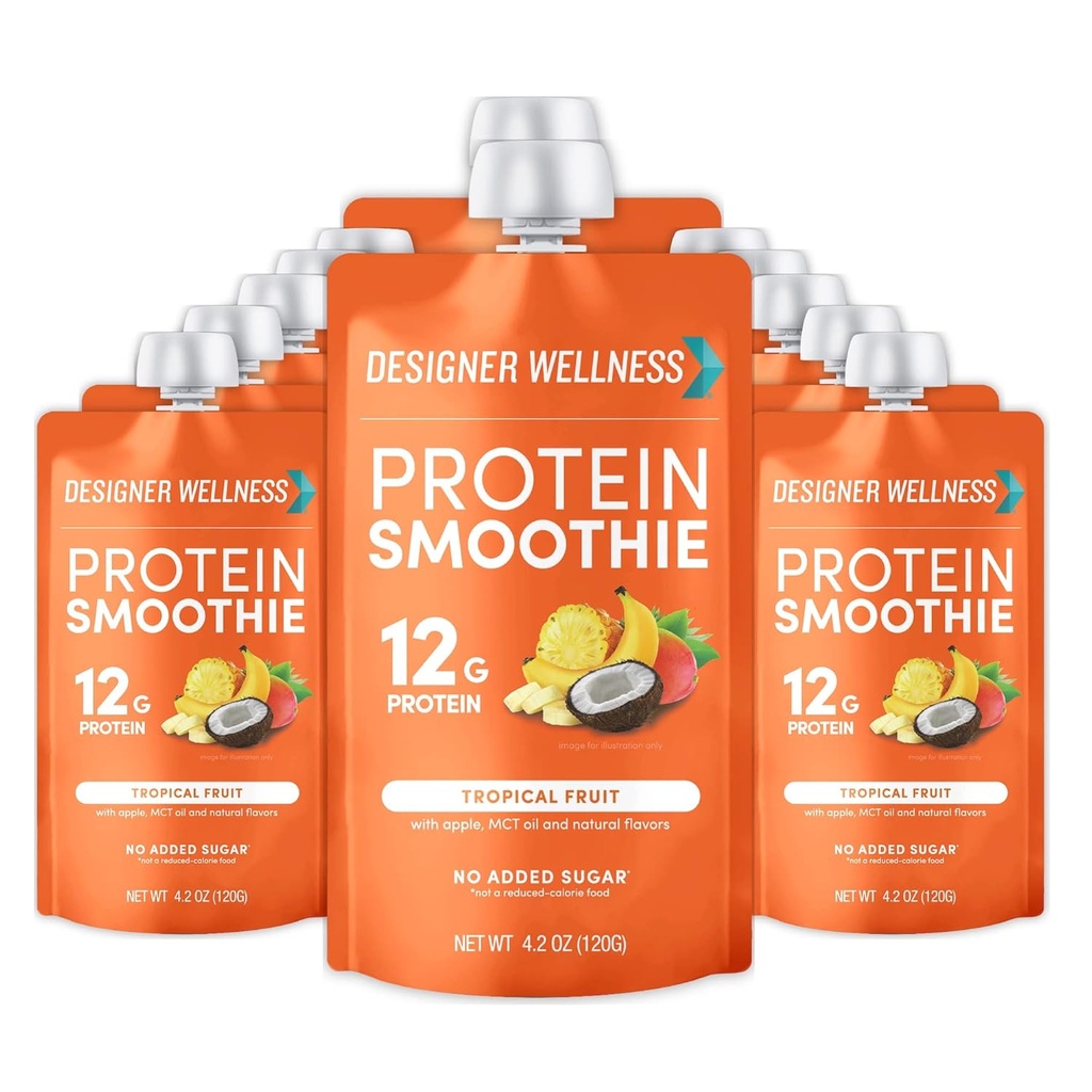 Designer Wellness Protein Smoothie, Real Fruit, 12g Protein, Low Carb, Zero Added Sugar, Gluten-Free, Non-GMO, Keine künstlichen Farben oder Flavors, Tropical, 12 Count