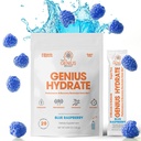 Die Genius-Marke - Genius Hydrate Stick Pack Powder Drink Mix – Blaue Himbeere Geschmack, Natürliche Elektrolyt Booster mit Kokoswasser & Kalium für ultimative Hydration - 20 Pakete