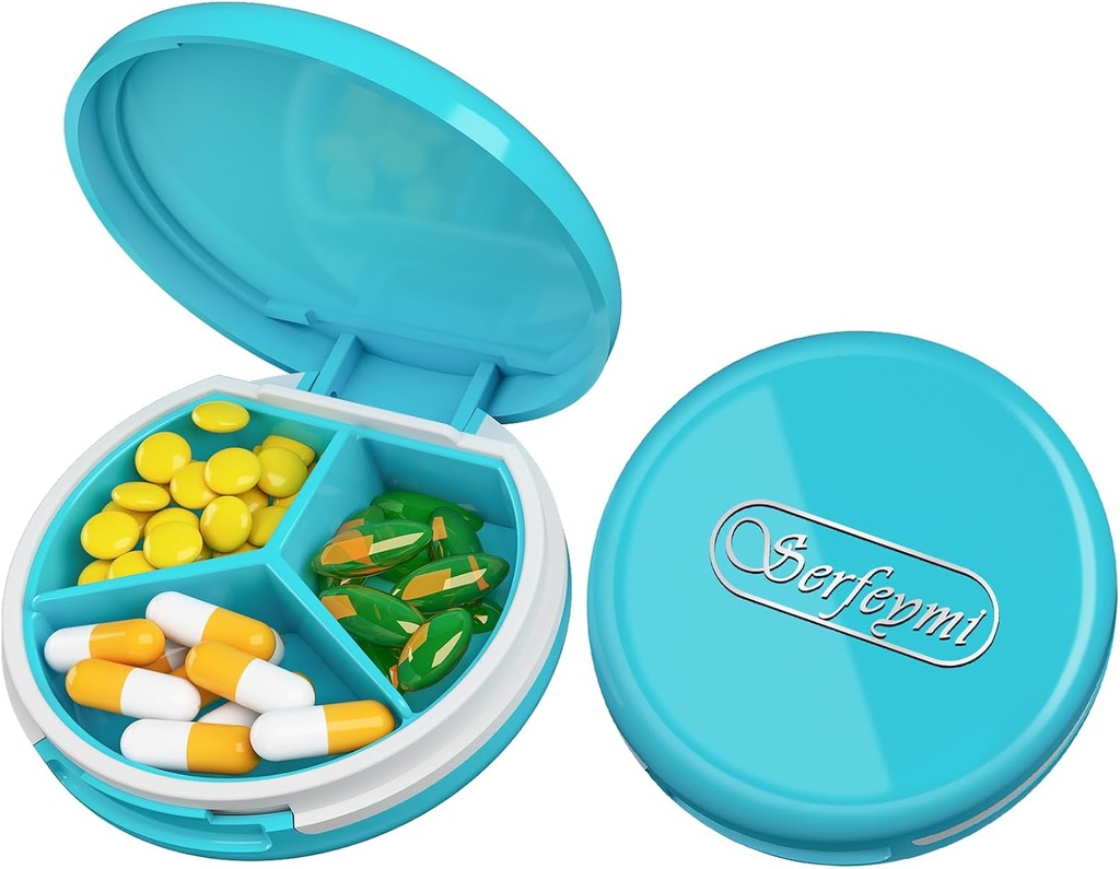 Serfeymi Small Pill Box - 3 Komponenten Tragbare Pille Box für Geldbörse Tasche, Kompakte Mini Travel Pill Case - Geeignet für Medizin, Vitamin, Fischöl, Beilagen - Hellblau(Logo)