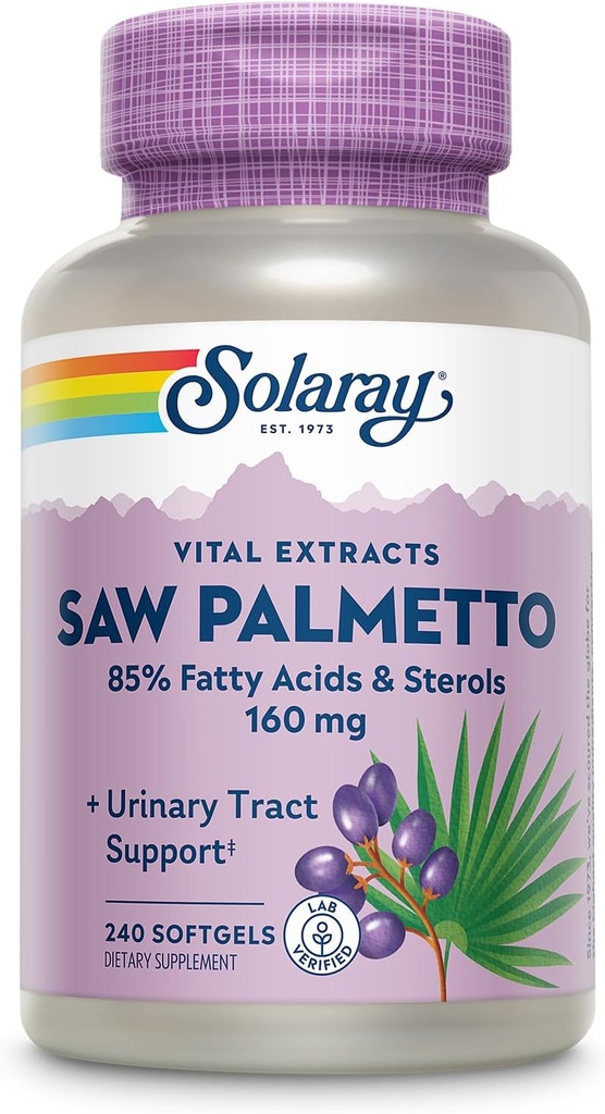 SOLARAY Saw Palmetto Extract - Prostata-Gesundheit und Harnweg-Unterstützung - 136 mg Fettsäure und Sterols - Lab Verified, 60-Day Geld-Back-Garantie (240 Servierungen, 240 Softgels)