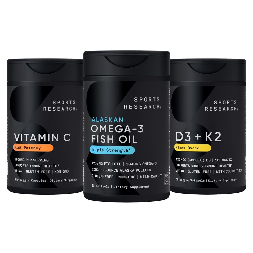 Sportforschung 1250 mg Omega 3 Burpless Fish Oil - Wild Alaskan Pollock - (90 Count), Hohe Potenz Vegan Vitamin C 1000mg (240 Count) + Vegan 5000iu Vitamin D mit 100mcg Mk7 Vitamin K (60 Count)