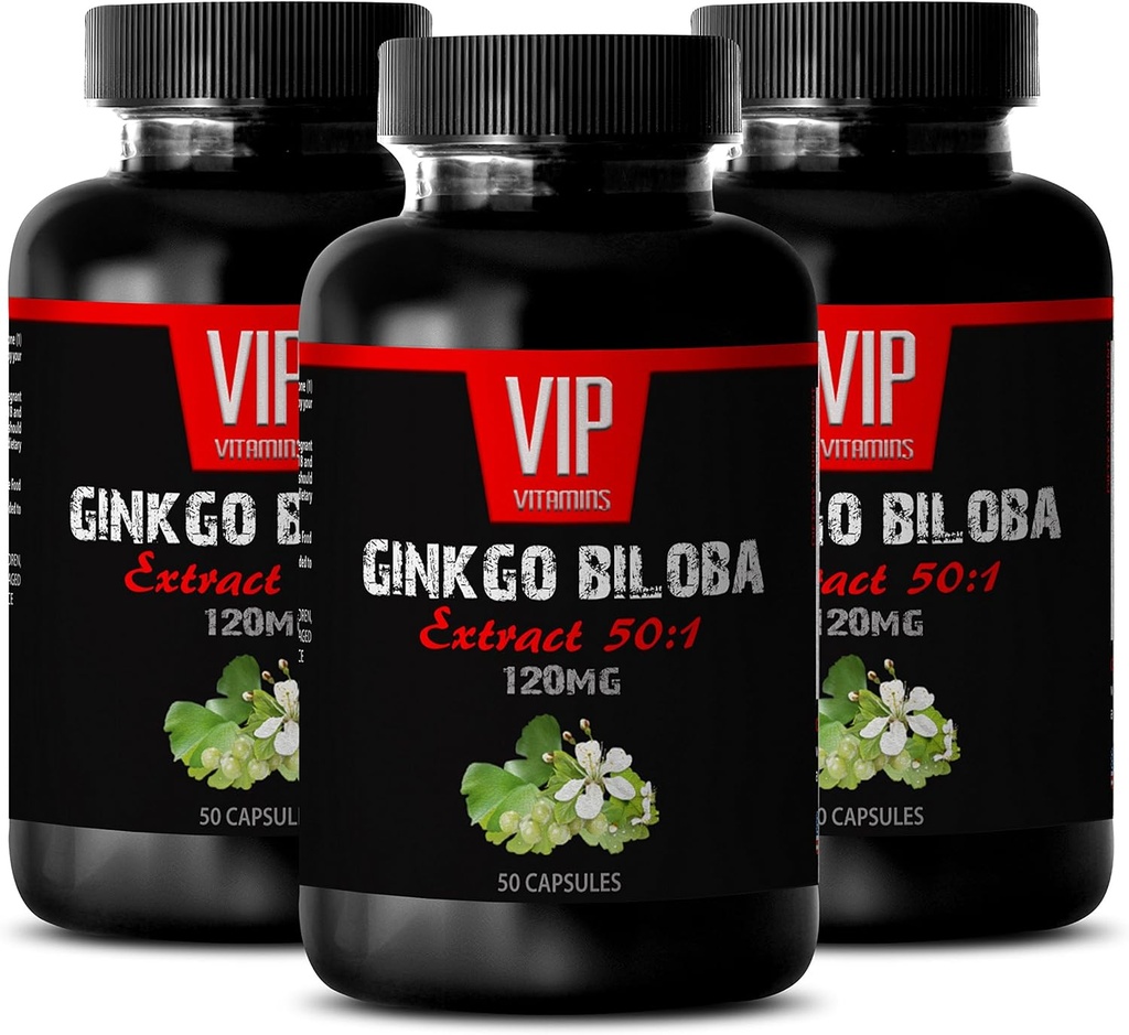 VIP VITAMINS Ginkgo biloba für Teens - Ginkgo Biloba Leaf 120mg - für Gesunde Gehirnfunktion (3 Flaschen - 150 Kapseln)