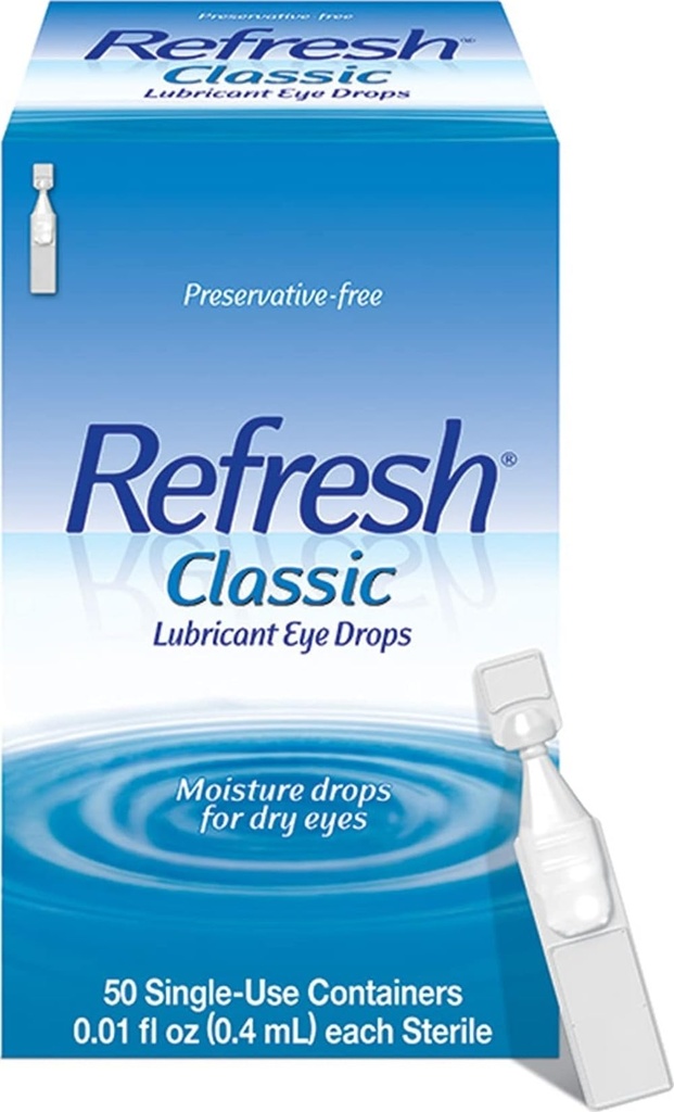 Refresh Classic Lubricant Eye Drops, Konservierungsfrei,0.01 Fl Oz Single-Use Container, 50 Count, Pack von 1, Verpackung Mai Vary