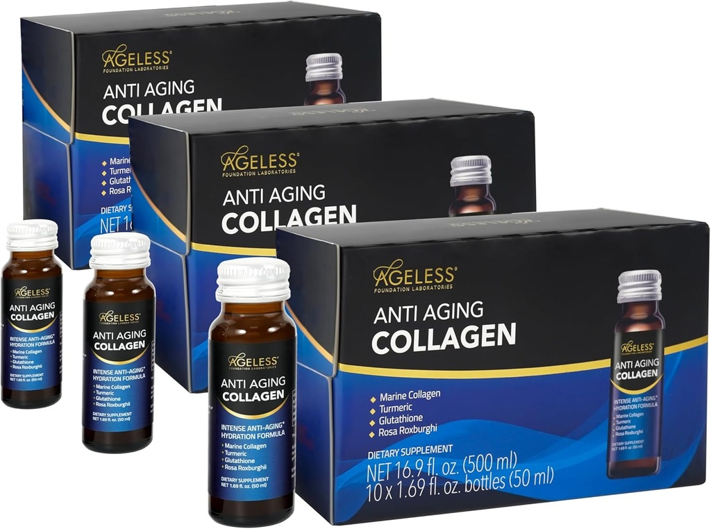 Ageless Ultra Anti Aging Liquid Collagen für Männer & Frauen, Marine Collagen, Turmeric, Glutathione, und Rosa Roxburghii, Multi Vitamine, Hautpflege, Hydrating & Revitalizing Formula - 50 ml (30 Zähler)