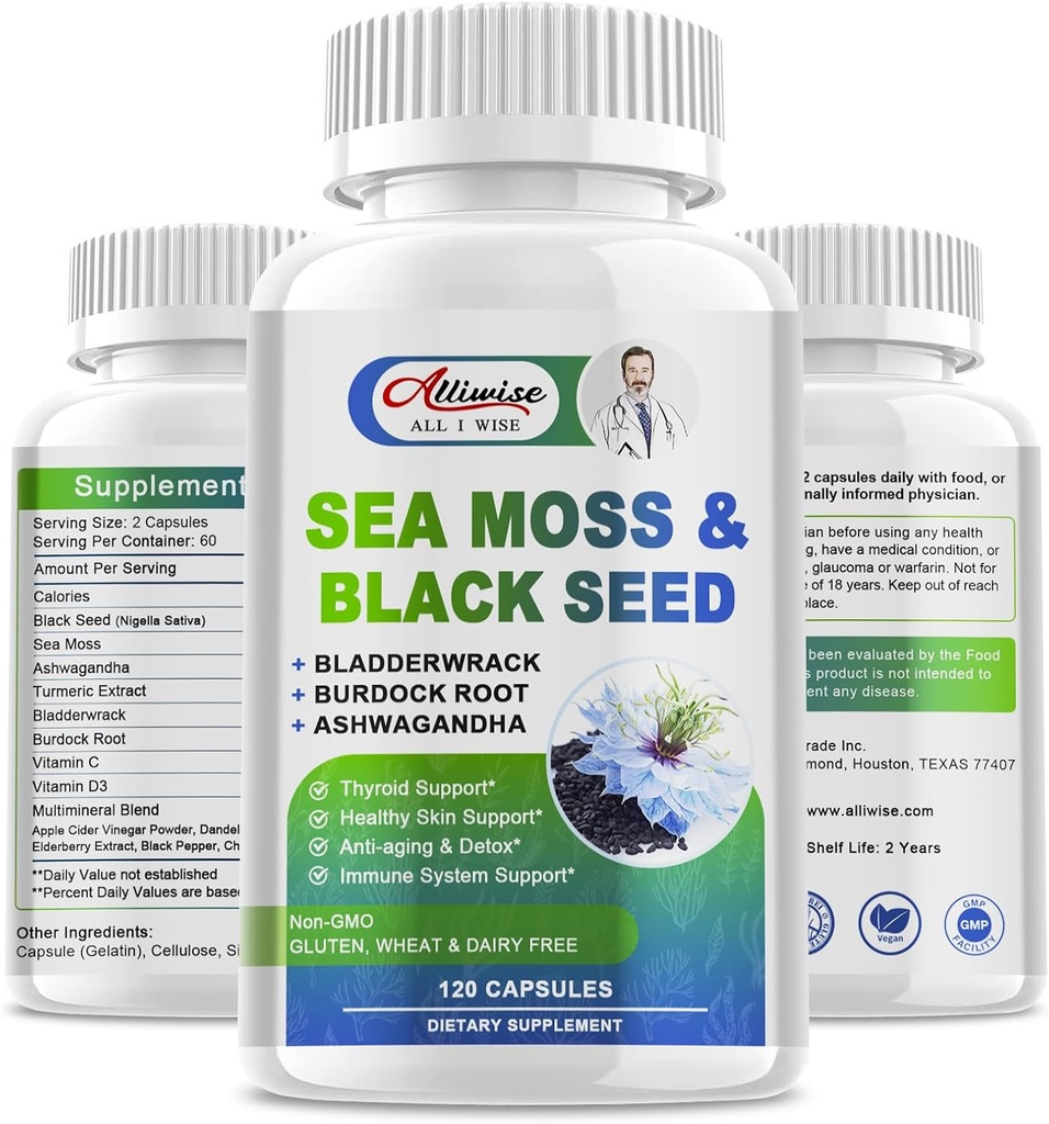 Sea Moss & Black Seed Oil Capsules, Irish Sea Moss Supplement mit Burdock Root & Bladderwrack für Schilddrüse Unterstützung, Blend Multivitamine für hohe Absorption, Immunsystem Unterstützung, Hautgesundheit