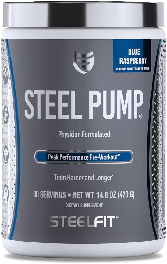 SteelFit Steel Pump | Advanced Pre Workout Powder & Nitric Oxide Supplement | Blue Raspberry, 30 Portionen | für Muskelaufbau & Erholung | Hergestellt mit Peak ATP, Ashwagandha, & Elektrolyte