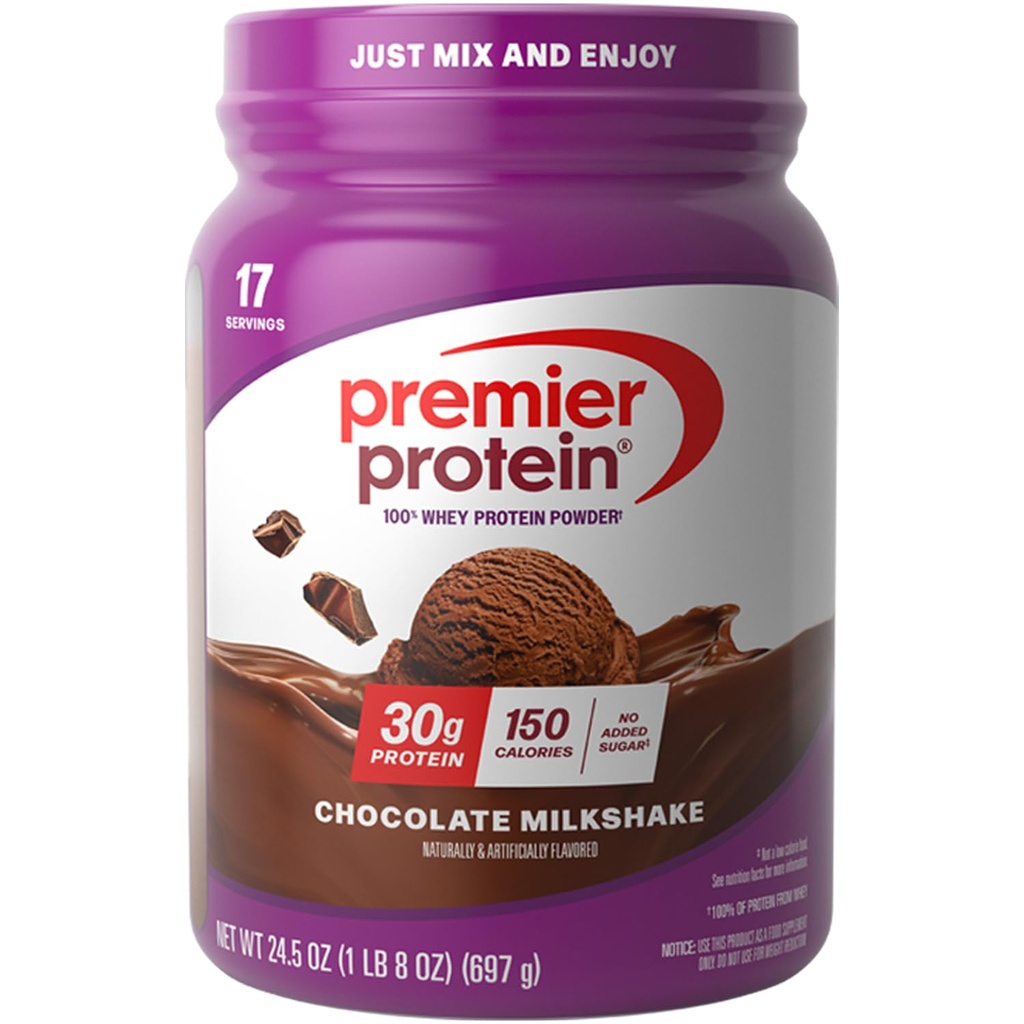 Premier Protein Powder, Chocolate Milkshake, 30g Protein, 1g Zucker, 100% Whey Protein, Keto Friendly, No Soy, Gluten Free, 24.5 oz (17 Servierungen)