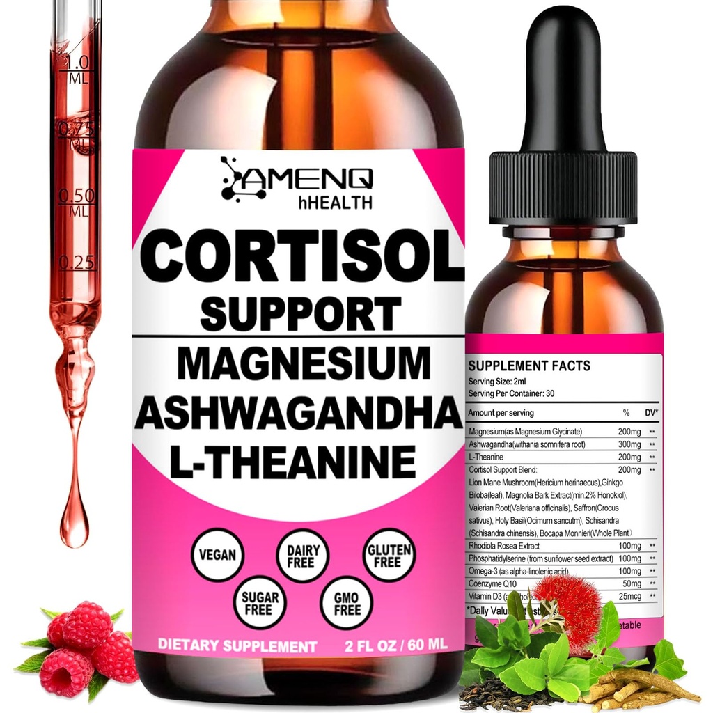 Cortisol Supplement Flüssige Tropfen, 17-in-1 Cortisol Reducer w. Ksm-66 Ashwagandha Theanine Rhodiola Rosea Magnesium Phosphatidylserine, Hormon Balanced & Lower Cortisol für Frauen Calm* Relaxation
