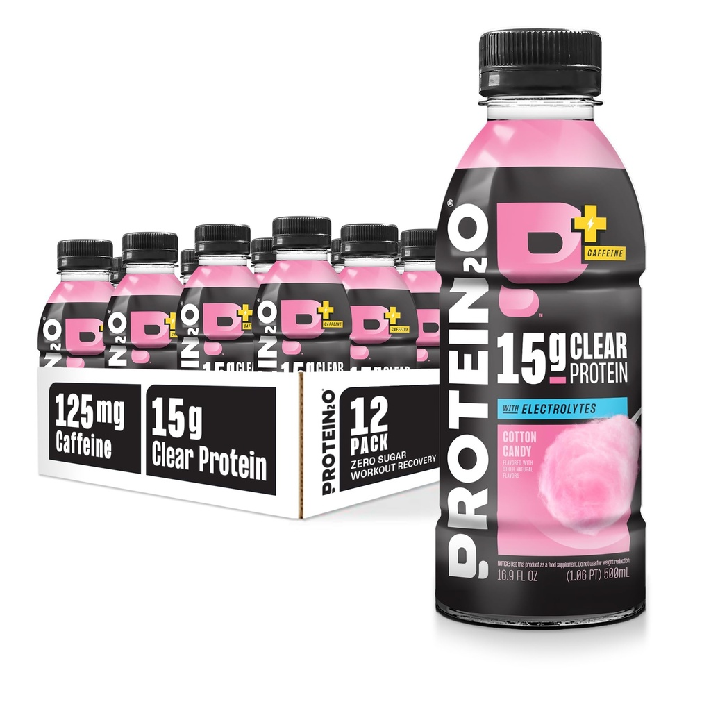 Protein2o 15g Whey Protein Isolate Hydration Drink Plus Energy & Focus, 350mg Elektrolyte, Vitamine B5 & B6, Sugar Free, Cotton Candy, 16.9 oz Bottle (Pack von 12)