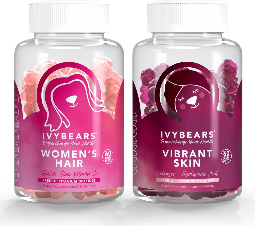 IvyBears® Women’s Hair & Skin Bundle – Hair Growth Gummis mit Biotin & Collagen + Vibrant Skin Gummis mit Hyaluronsäure & VERISOL – Vegan Beauty Support – 2-Pack