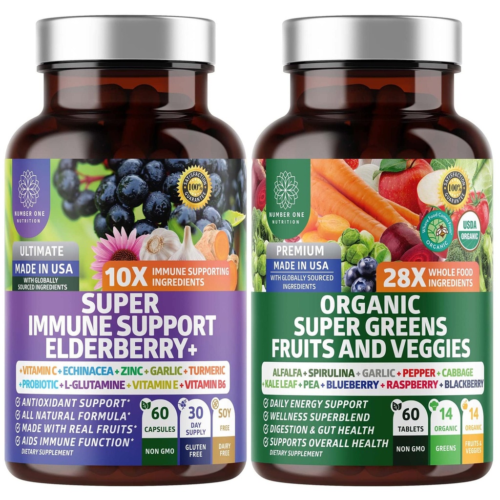 N1N Premium Organic Super Fruits & Veggies + Immununterstützung [38 Leistungsfähige Inhaltsstoffe], Natürliche Super Greens Ergänzung mit Alfalfa, Vitamine & Minerals, Zink, Kurkuma und Probiotic, 120 Caps